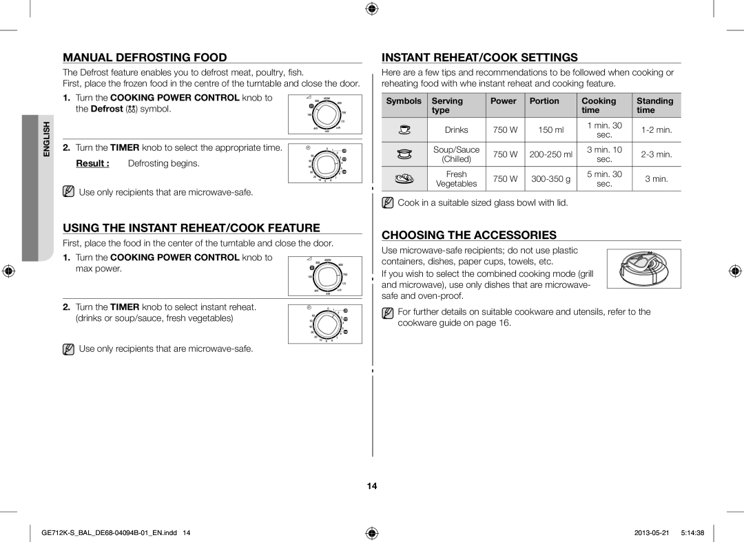 Samsung GE712K-S/BAL manual Manual Defrosting Food, Using the Instant REHEAT/COOK Feature, Instant REHEAT/COOK Settings 