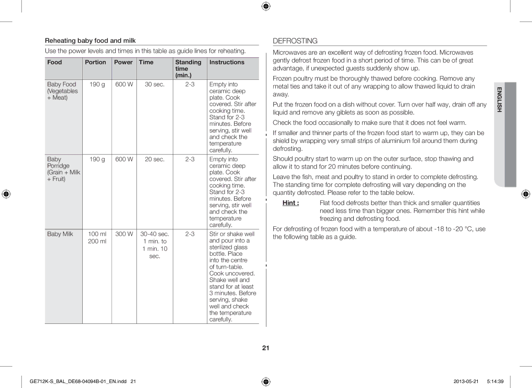 Samsung GE712K-S/BAL manual Defrosting 