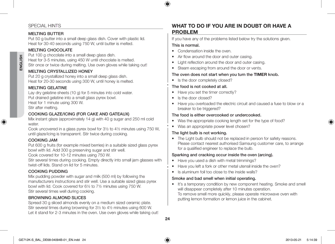 Samsung GE712K-S/BAL manual What to do if YOU are in Doubt or have a Problem, Special Hints 