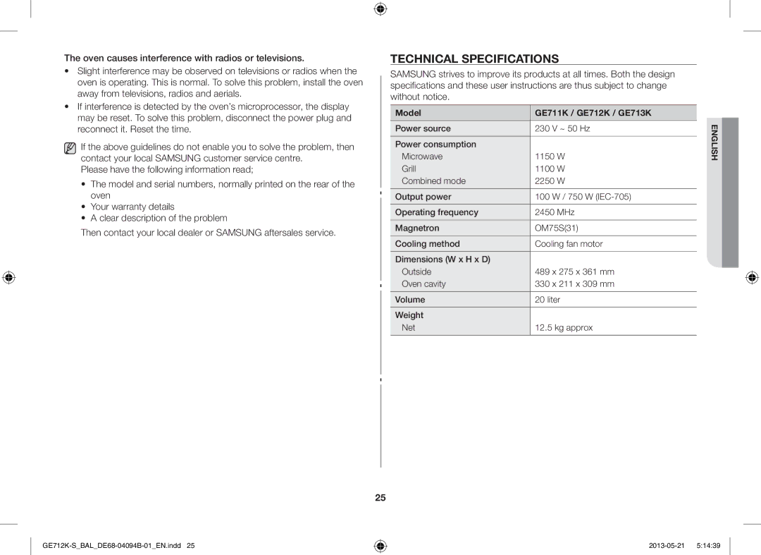 Samsung GE712K-S/BAL manual Technical Specifications, Model GE711K / GE712K / GE713K 