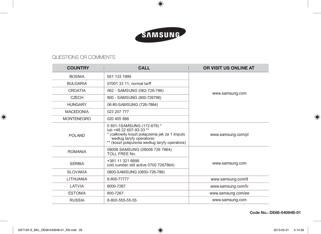 Samsung GE712K-S/BAL manual Code No. DE68-04094B-01 