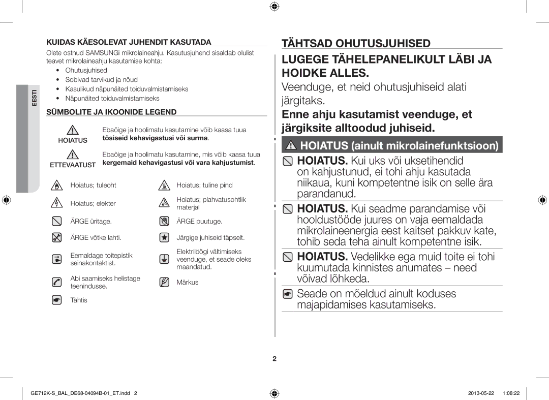 Samsung GE712K-S/BAL manual Lugege Tähelepanelikult Läbi JA Hoidke Alles, Veenduge, et neid ohutusjuhiseid alati järgitaks 