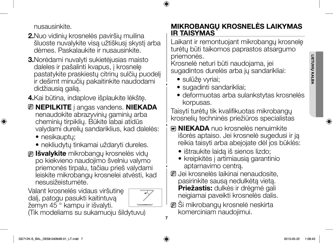 Samsung GE712K-S/BAL manual Nusausinkite, Mikrobangų Krosnelės Laikymas IR Taisymas 