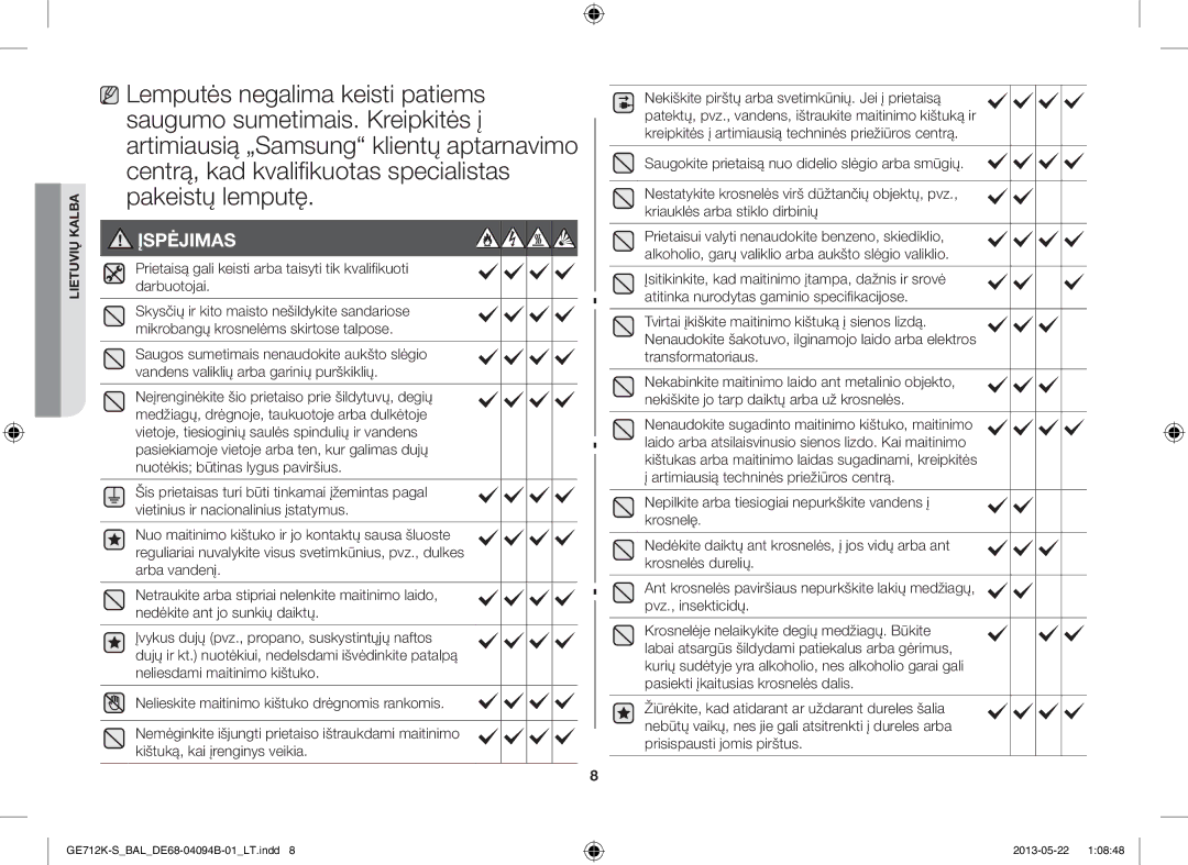 Samsung GE712K-S/BAL manual Įspėjimas 