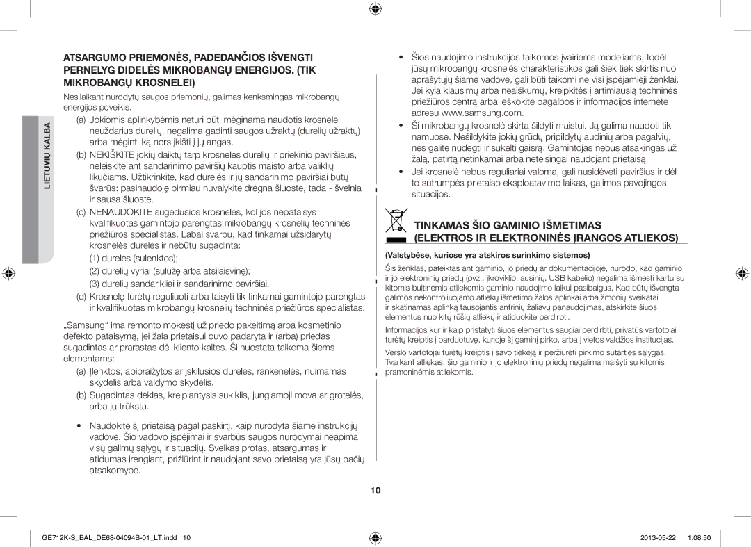 Samsung GE712K-S/BAL manual Valstybėse, kuriose yra atskiros surinkimo sistemos 