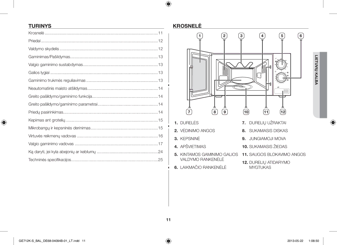 Samsung GE712K-S/BAL manual Turinys, Krosnelė, Laikmačio Rankenėlė, Mygtukas 