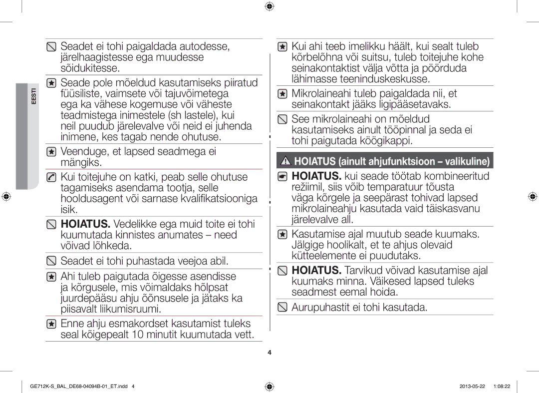 Samsung GE712K-S/BAL manual Hoiatus ainult ahjufunktsioon valikuline 