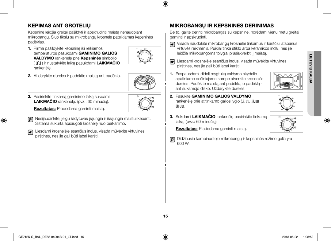 Samsung GE712K-S/BAL manual Kepimas ANT Grotelių, Mikrobangų IR Kepsninės Derinimas 