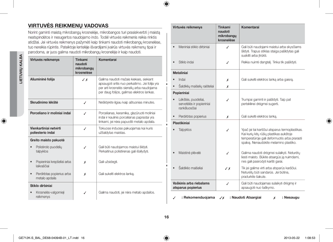 Samsung GE712K-S/BAL manual Virtuvės Reikmenų Vadovas, Skrudinimo lėkštė 