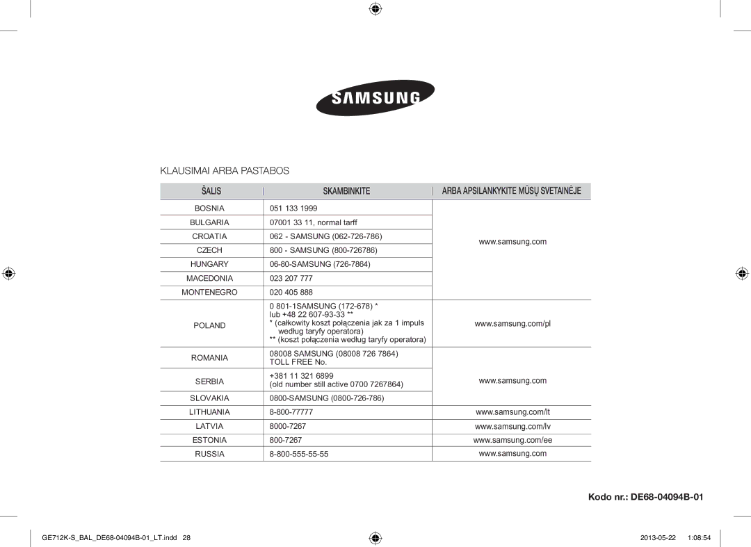 Samsung GE712K-S/BAL manual Klausimai Arba Pastabos Šalis Skambinkite 