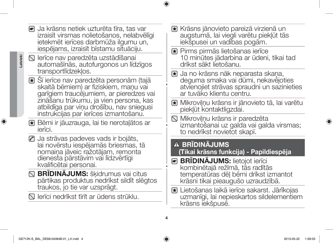 Samsung GE712K-S/BAL manual Tikai krāsns funkcija Papildiespēja 