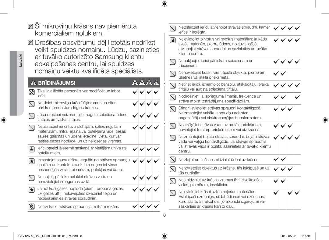 Samsung GE712K-S/BAL manual Brīdinājums 