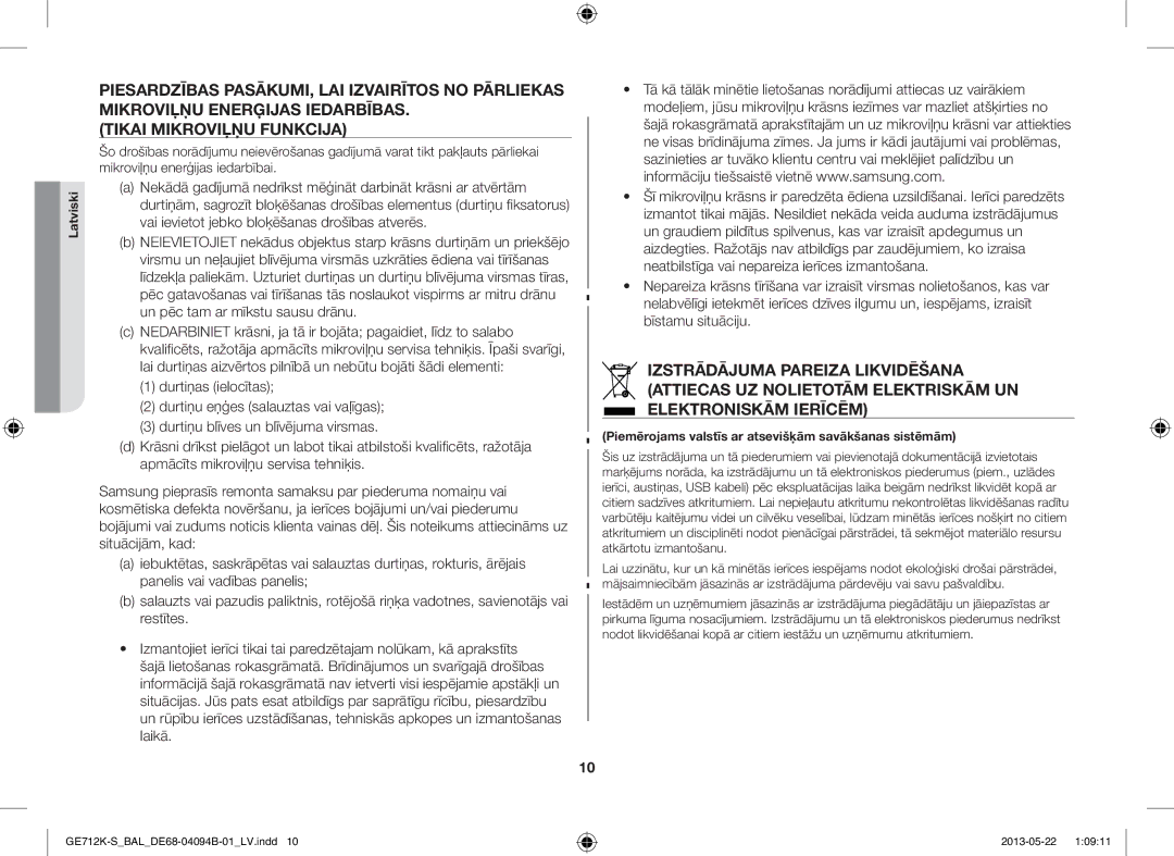 Samsung GE712K-S/BAL manual Piemērojams valstīs ar atsevišķām savākšanas sistēmām 