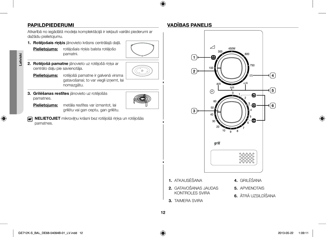 Samsung GE712K-S/BAL manual Papildpiederumi, Vadības Panelis 