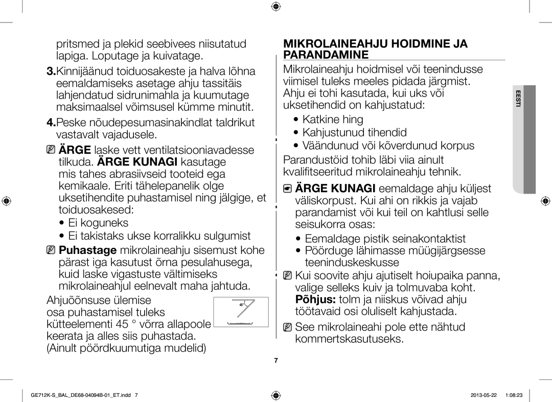 Samsung GE712K-S/BAL manual Mikrolaineahju Hoidmine JA Parandamine 