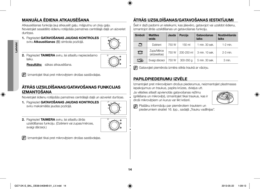 Samsung GE712K-S/BAL manual Manuāla Ēdiena Atkausēšana, Ātrās UZSILDĪŠANAS/GATAVOŠANAS Funkcijas Izmantošana 