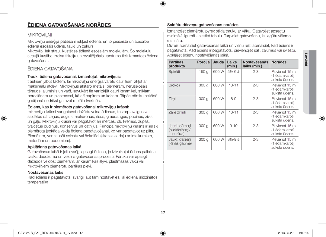 Samsung GE712K-S/BAL manual Ēdiena Gatavošanas Norādes, Mikroviļņi 