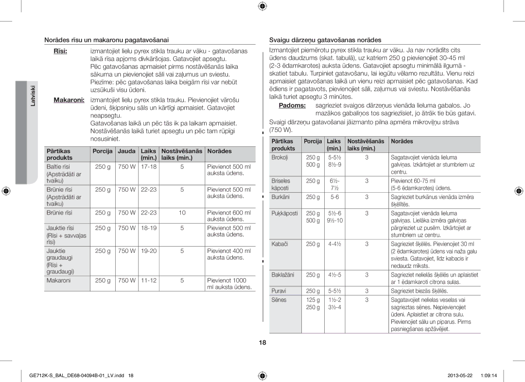 Samsung GE712K-S/BAL manual Pārtikas, Produkts Min Laiks min 