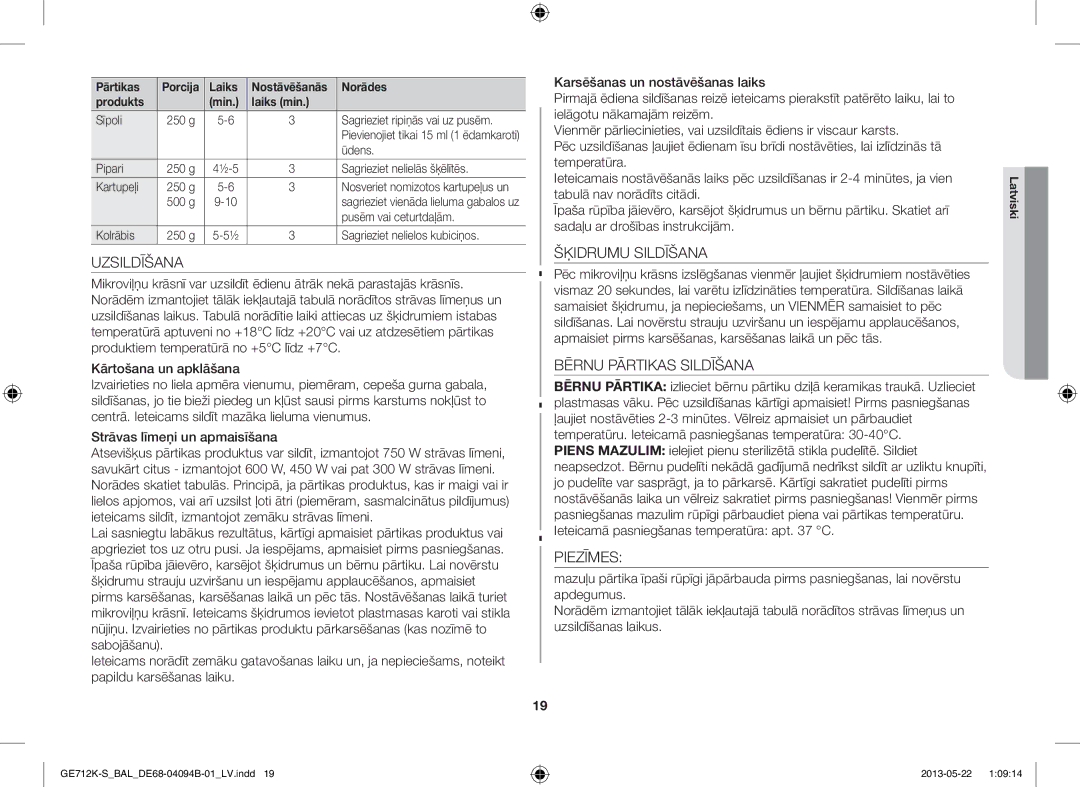 Samsung GE712K-S/BAL manual Uzsildīšana, Šķidrumu Sildīšana, Bērnu Pārtikas Sildīšana, Piezīmes 