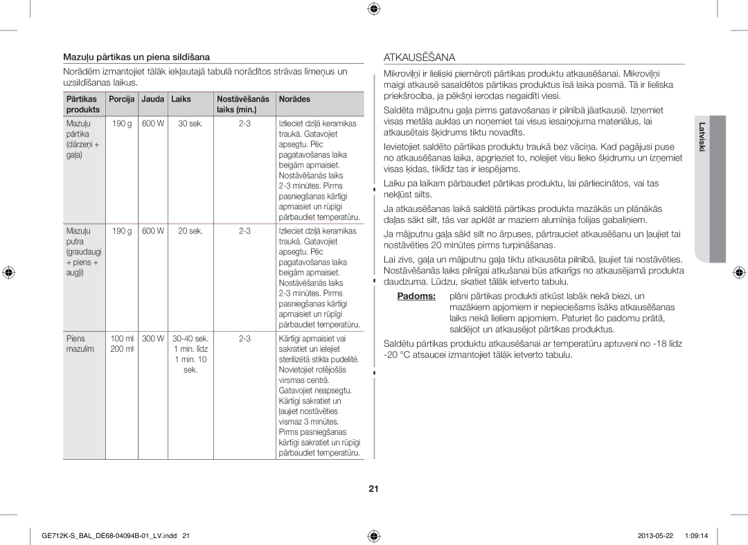 Samsung GE712K-S/BAL manual Atkausēšana, Jauda Laiks, Produkts Laiks min 