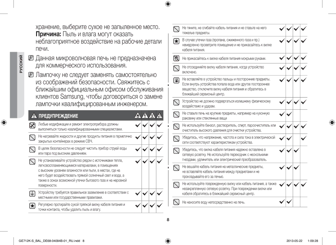 Samsung GE712K-S/BAL manual Предупреждение, Не наносите воду непосредственно на печь 