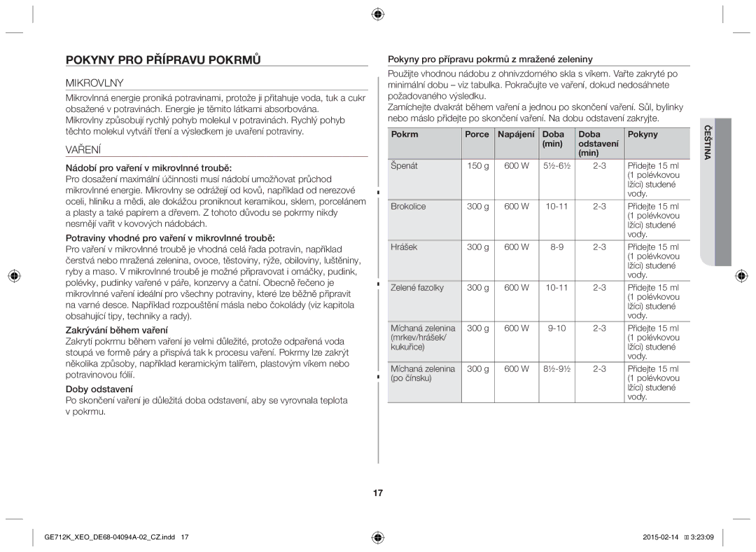 Samsung GE712K-S/XEO manual Pokyny pro přípravu pokrmů, Mikrovlny, Vaření, Pokrm Porce Napájení Doba Pokyny Min Odstavení 