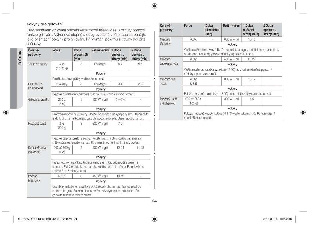 Samsung GE712K-S/XEO manual Čerstvé Porce Doba, Doba Potraviny, Opékání Min 