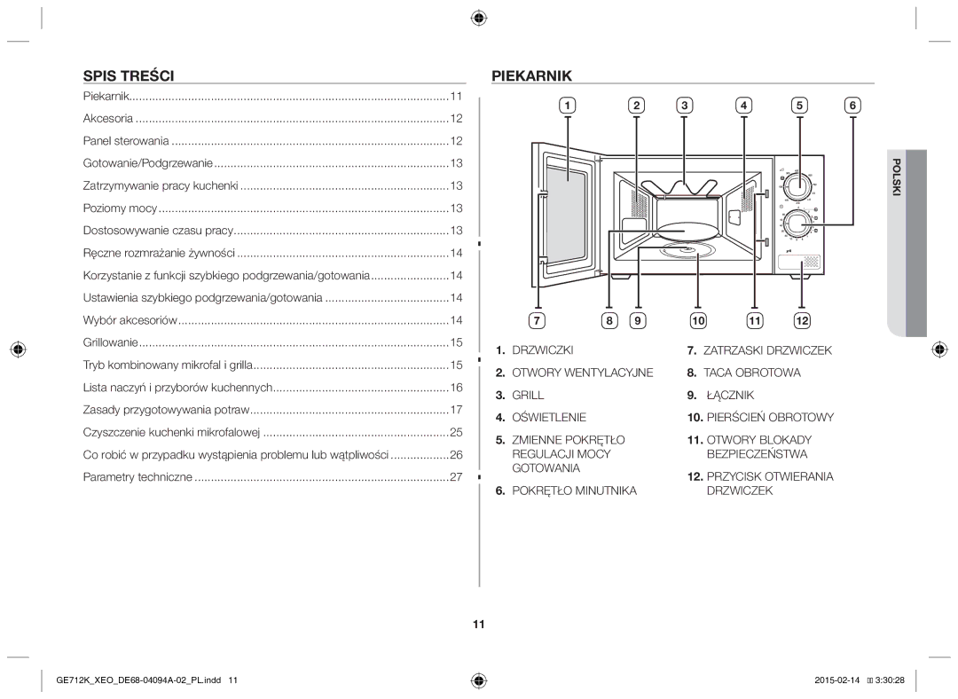 Samsung GE712K-S/XEO manual Spis treści, Piekarnik, Dostosowywanie czasu pracy, Wybór akcesoriów 