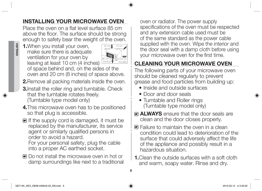 Samsung GE712K-S/XEO manual Installing your microwave oven, Cleaning your microwave oven 