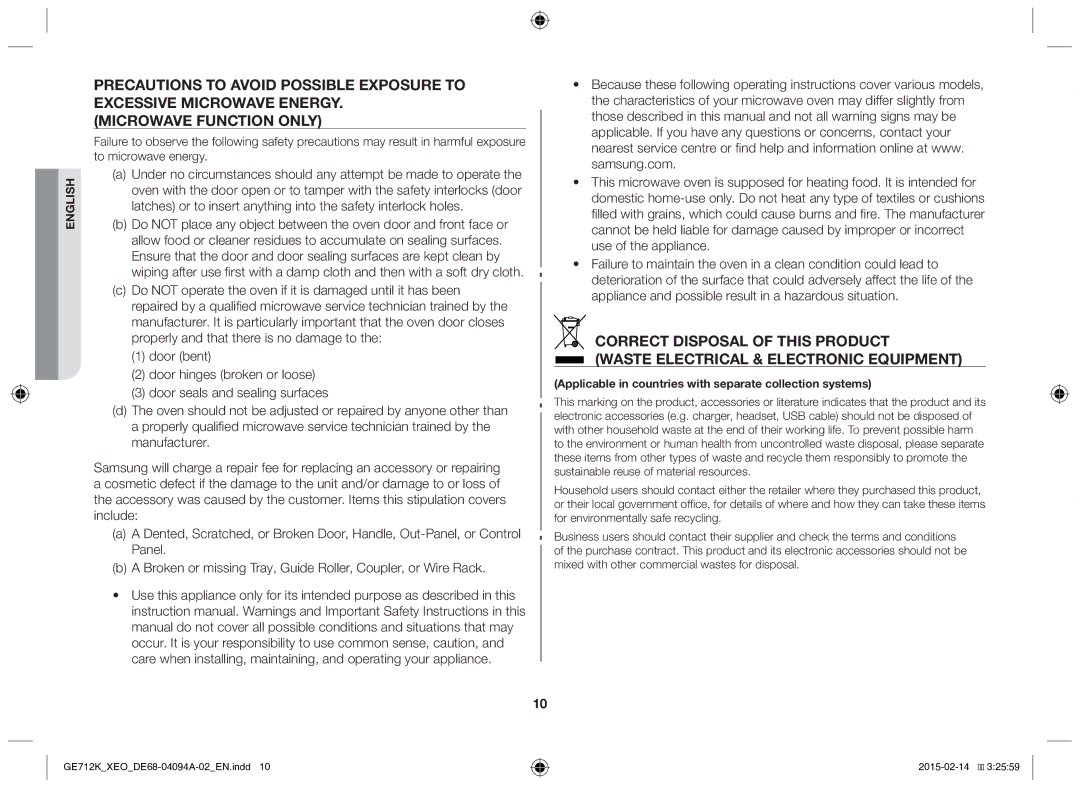 Samsung GE712K-S/XEO manual Applicable in countries with separate collection systems 