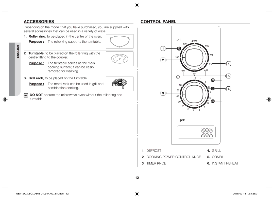 Samsung GE712K-S/XEO manual Accessories, Control panel 