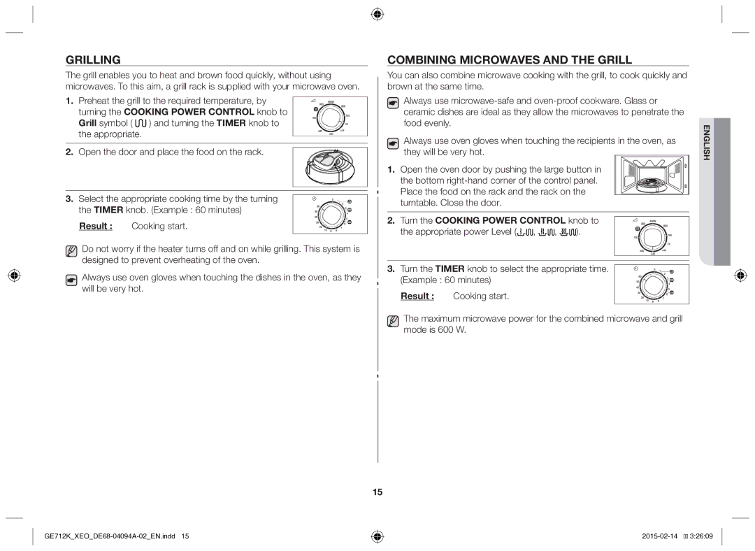 Samsung GE712K-S/XEO manual Grilling, Combining microwaves and the grill, Turn the Cooking Power Control knob to 