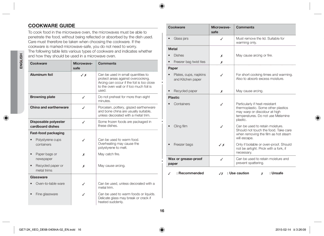 Samsung GE712K-S/XEO manual Cookware guide, Cookware Microwave Comments Safe Aluminum foil 