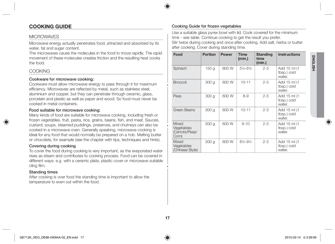 Samsung GE712K-S/XEO manual Cooking guide, Microwaves, Food Portion Power Time Standing Instructions Min 