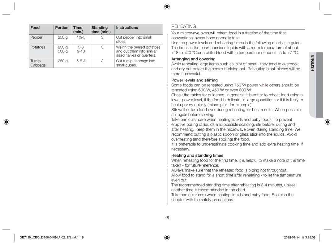 Samsung GE712K-S/XEO manual Reheating, Pepper 250 g ½-5 Cut pepper into small Slices Potatoes 
