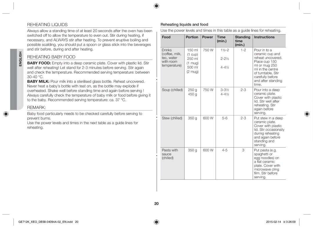 Samsung GE712K-S/XEO manual Reheating Liquids, Reheating Baby Food, Remark 