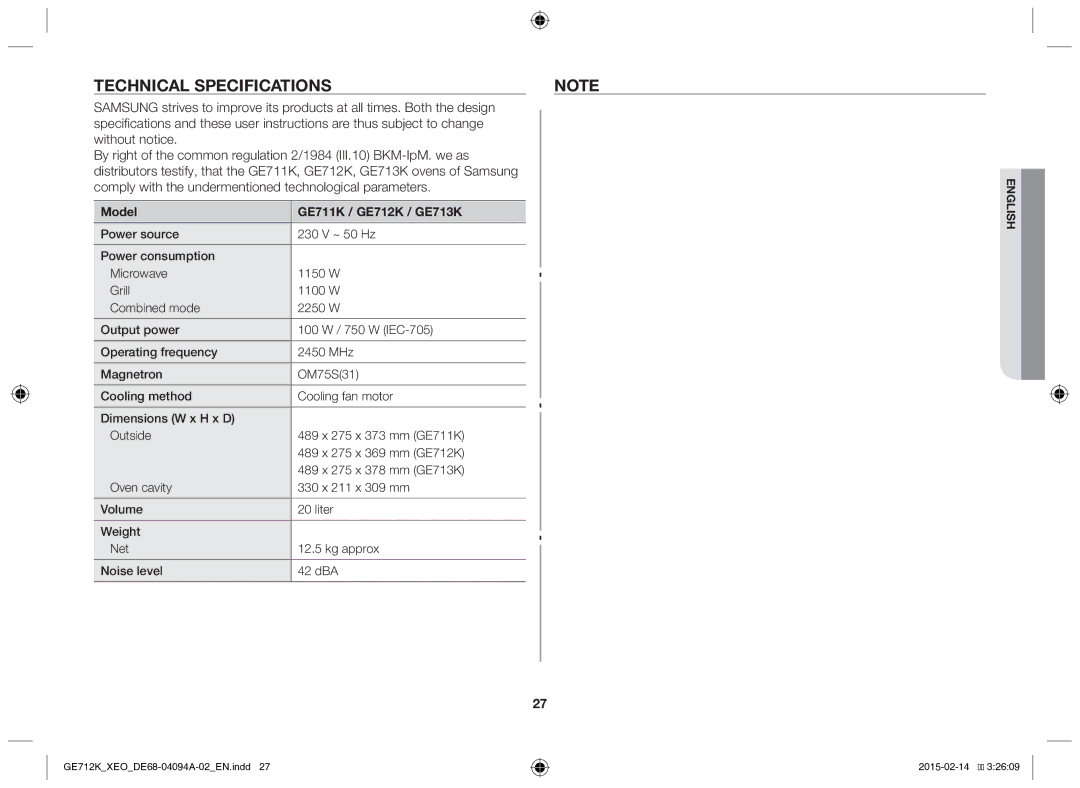 Samsung GE712K-S/XEO manual Technical specifications, Model GE711K / GE712K / GE713K 