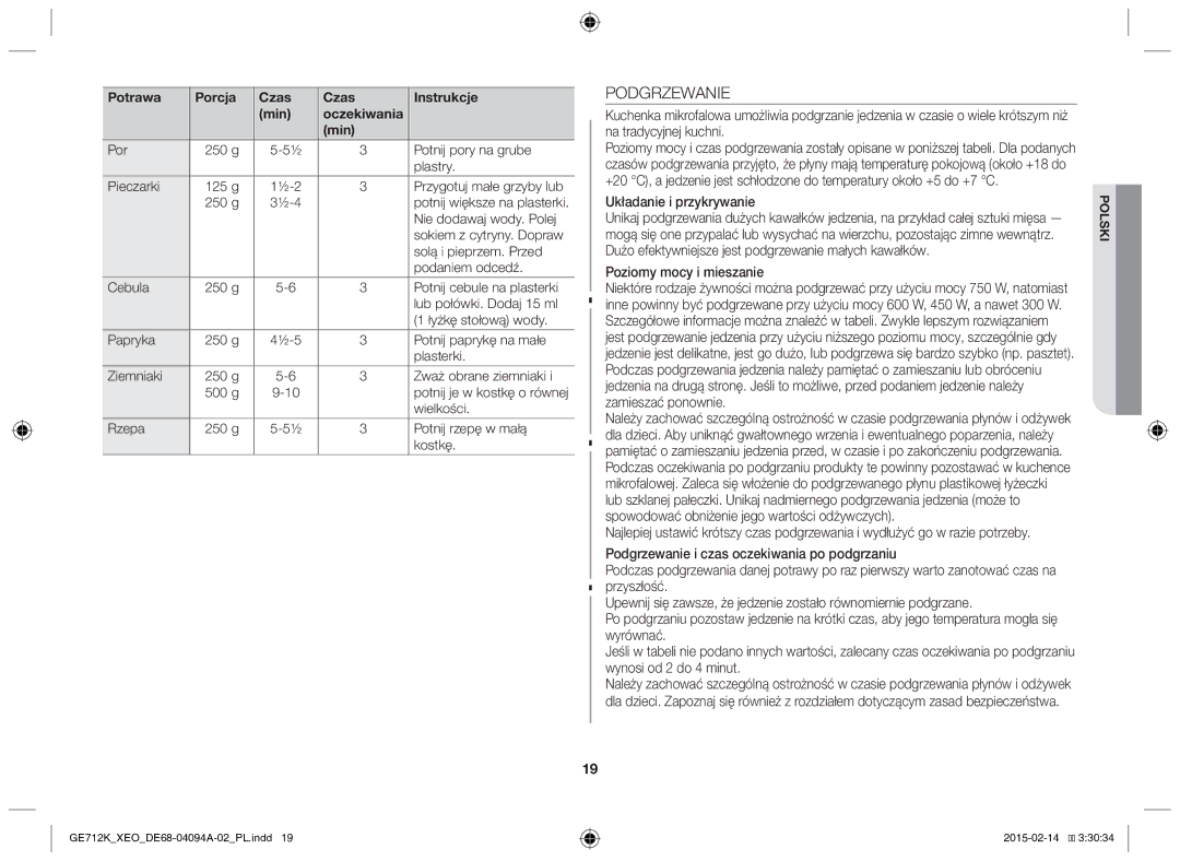 Samsung GE712K-S/XEO manual Podgrzewanie, Układanie i przykrywanie, Poziomy mocy i mieszanie 