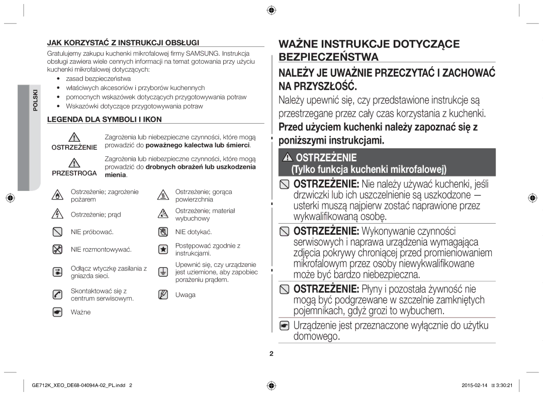 Samsung GE712K-S/XEO manual Przed użyciem kuchenki należy zapoznać się z, Poniższymi instrukcjami 