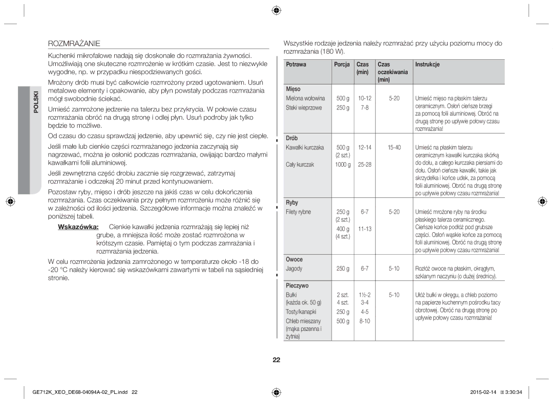 Samsung GE712K-S/XEO manual Rozmrażanie, Potrawa 