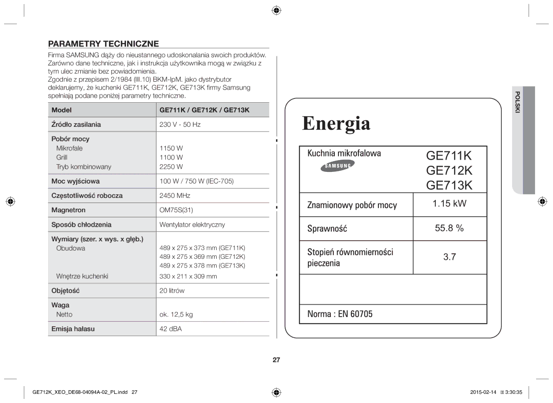 Samsung GE712K-S/XEO manual Parametry techniczne, Model GE711K / GE712K / GE713K, Wnętrze kuchenki 