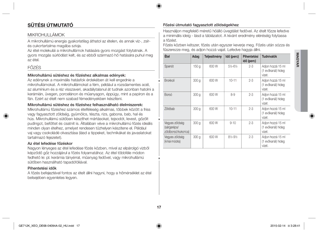 Samsung GE712K-S/XEO manual Sütési útmutató, Mikrohullámok, Főzés 