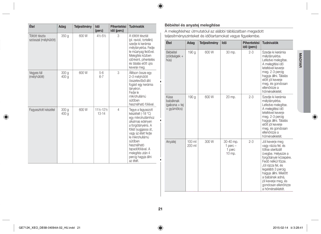 Samsung GE712K-S/XEO manual Bébiétel és anyatej melegítése 