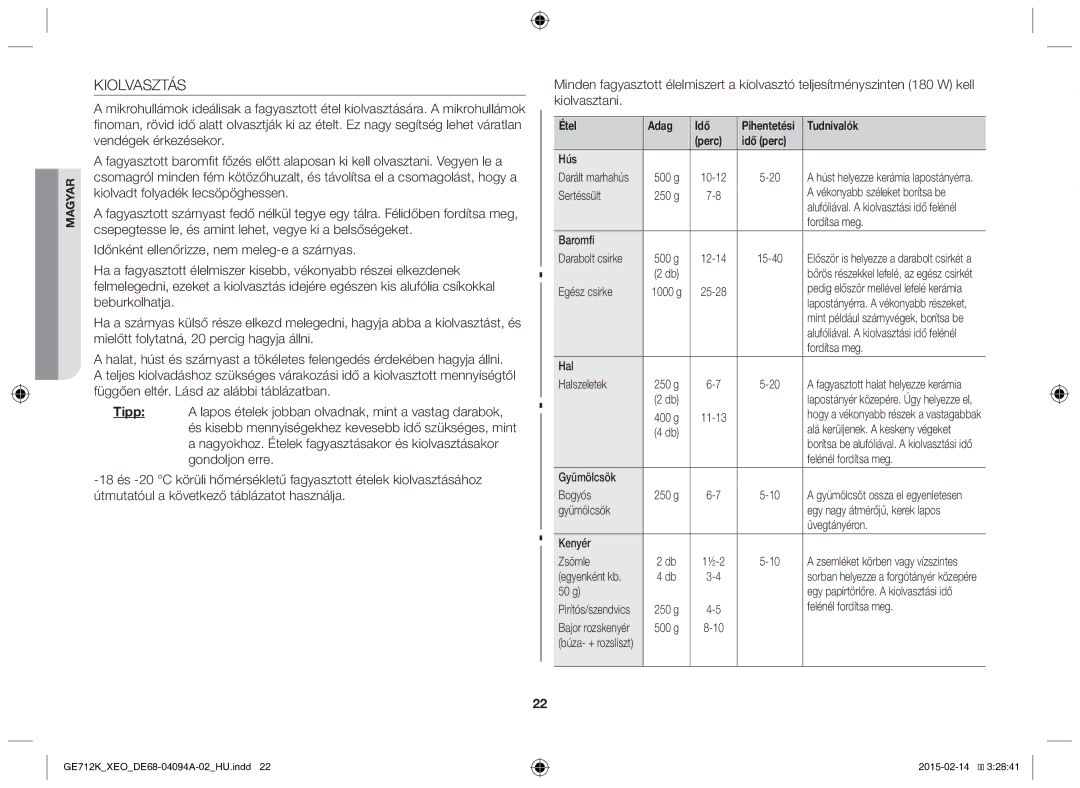 Samsung GE712K-S/XEO manual Kiolvasztás, Étel Adag Idő 