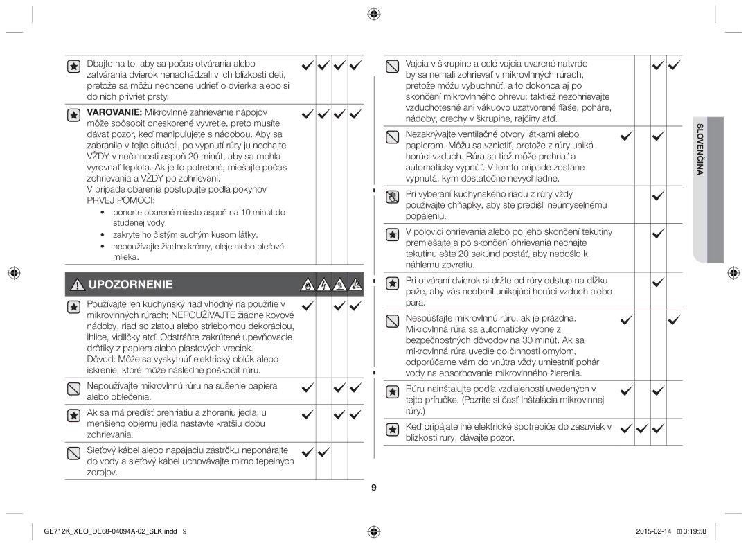 Samsung GE712K-S/XEO manual Prípade obarenia postupujte podľa pokynov, Nezakrývajte ventilačné otvory látkami alebo 