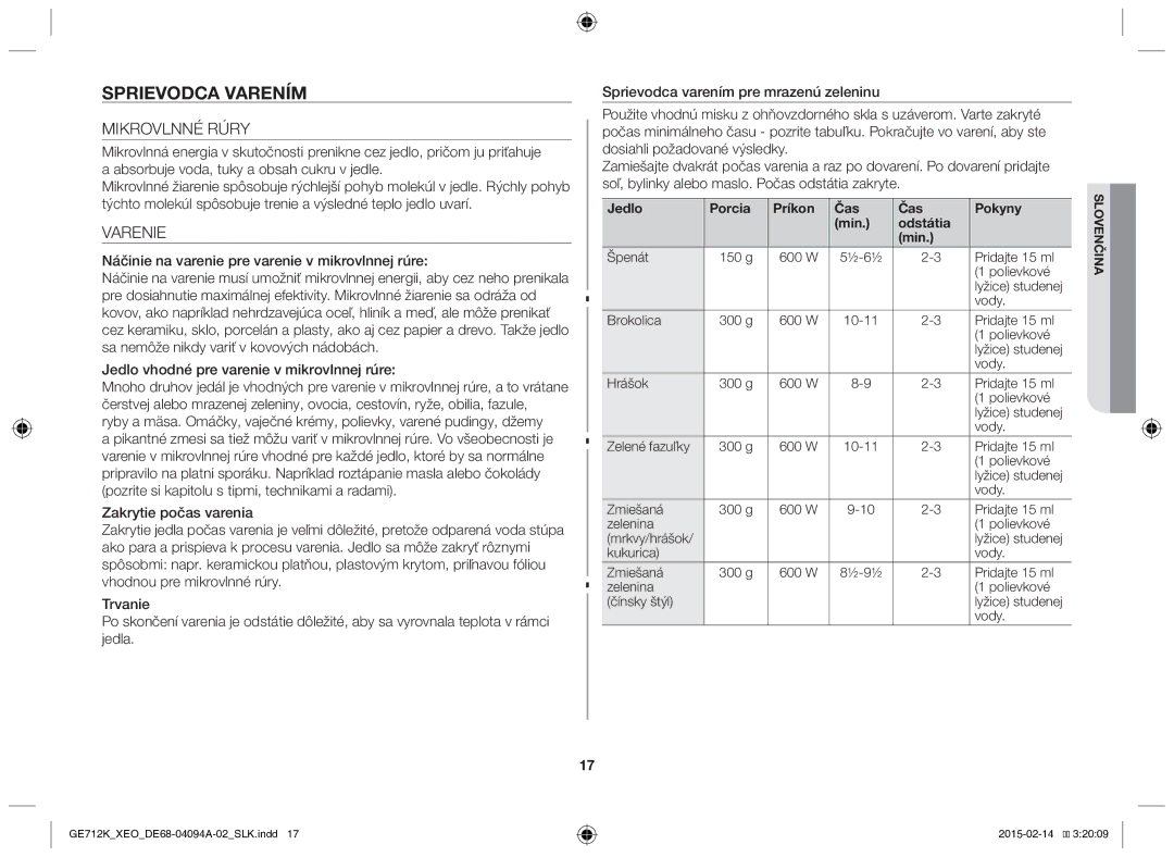 Samsung GE712K-S/XEO manual Sprievodca varením, Mikrovlnné Rúry, Varenie, Jedlo Porcia Príkon Čas Pokyny Min Odstátia 