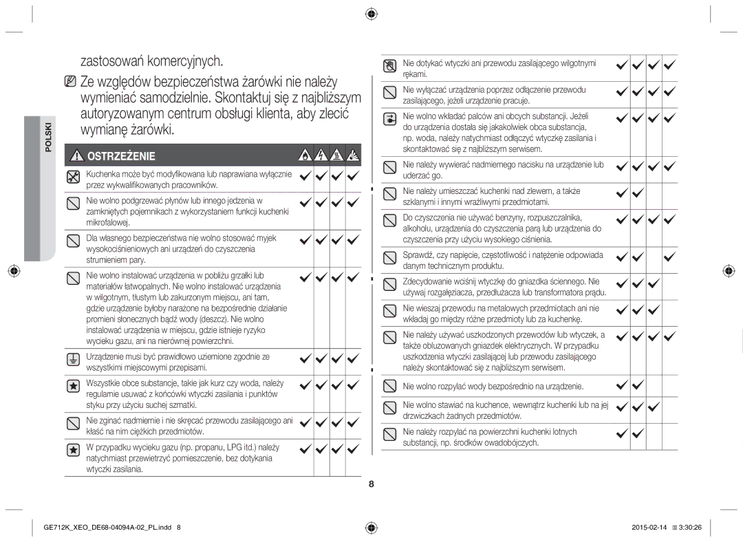 Samsung GE712K-S/XEO manual Zastosowań komercyjnych, Nie wolno rozpylać wody bezpośrednio na urządzenie 