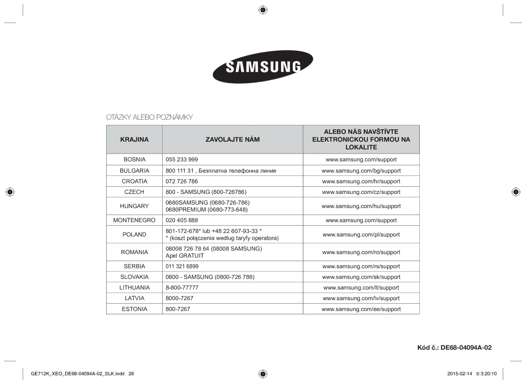 Samsung GE712K-S/XEO manual Otázky Alebo Poznámky, Kód č. DE68-04094A-02 