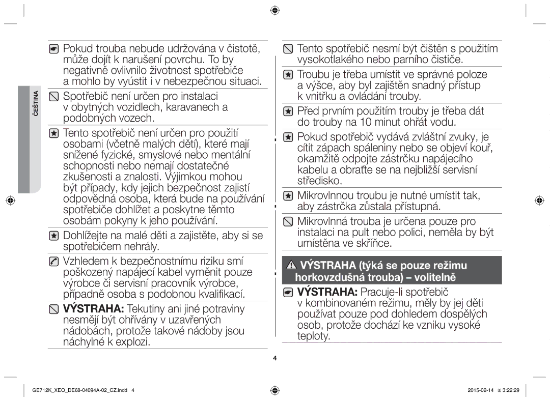 Samsung GE712K-S/XEO manual Výstraha týká se pouze režimu horkovzdušná trouba volitelně 