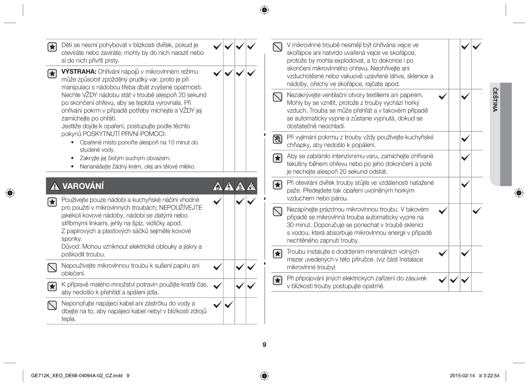 Samsung GE712K-S/XEO manual Varování, Nezakrývejte ventilační otvory textiliemi ani papírem 